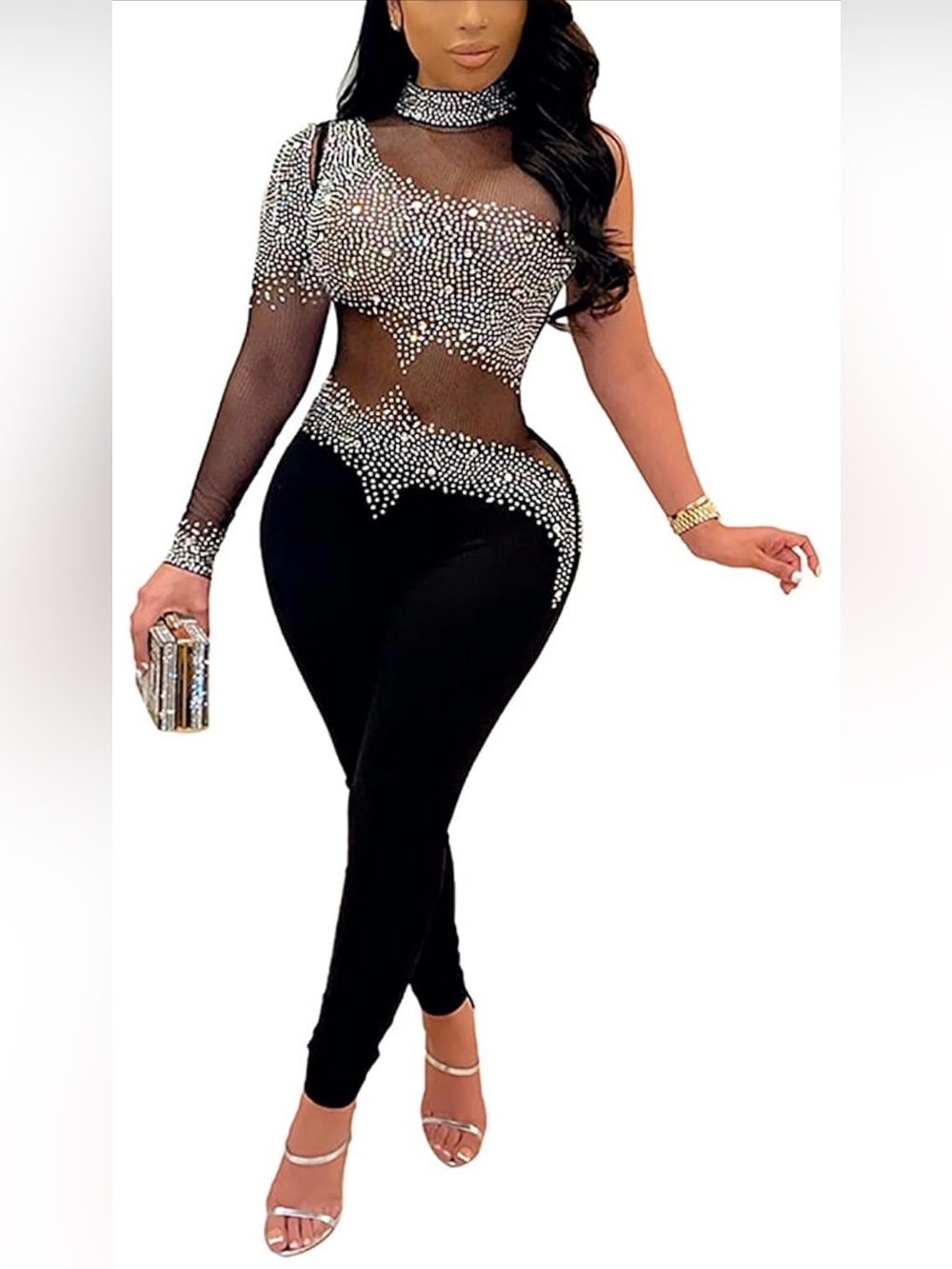 Banjul Black Sheer One-Shoulder Rhinestone Jumpsuit